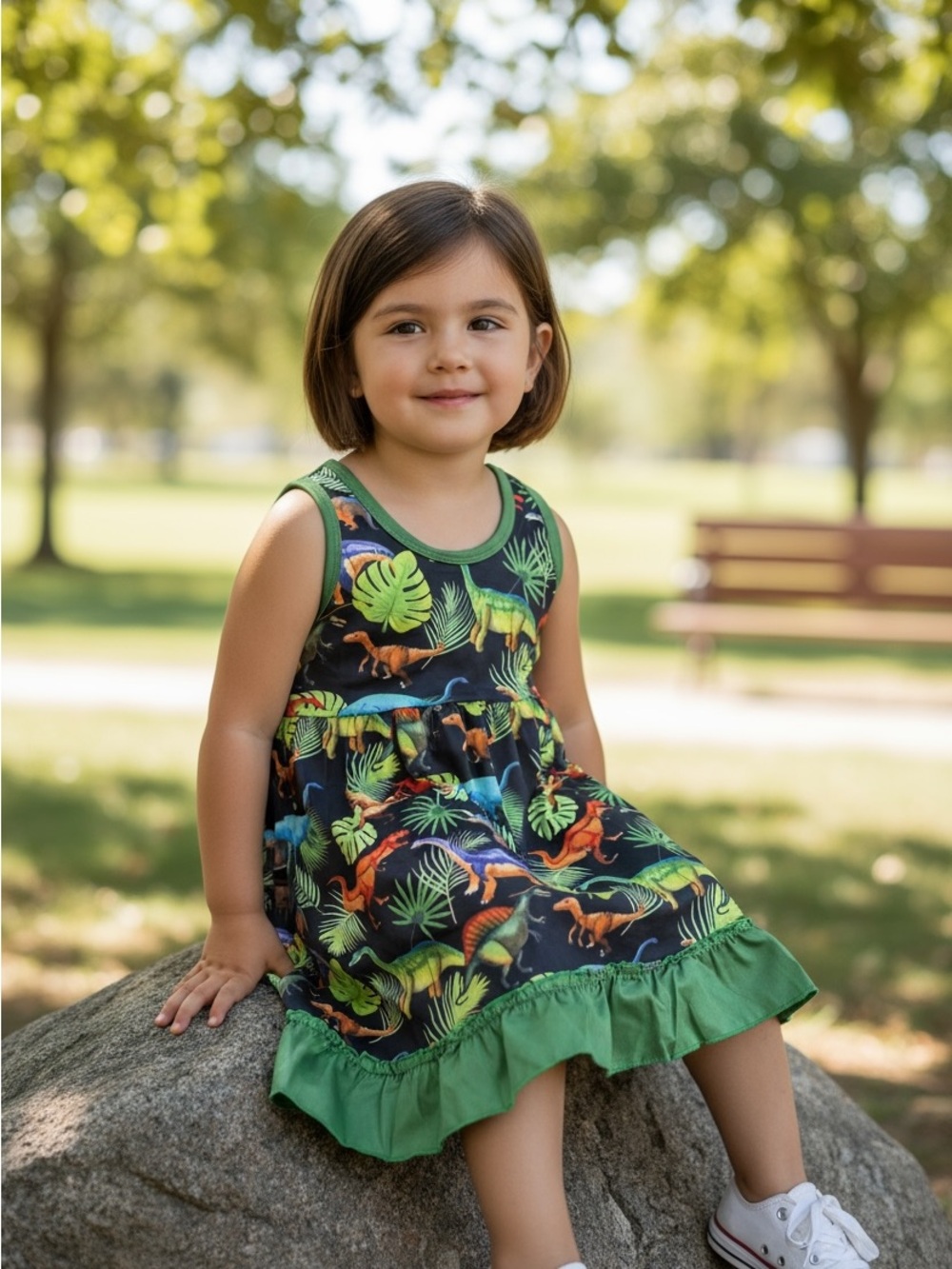 Girl's Dinosaur Print Summer Dress in Green